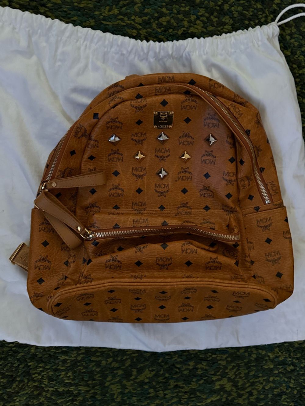 MCM Cognac Logo Studded Backpack with Gold Plate